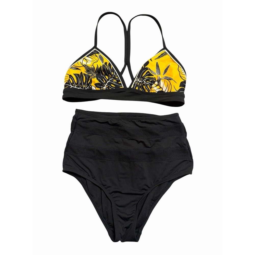 Athleta Two Piece Womens Small Bikini Swimsuit Set Black Yellow High Rise GG14-1